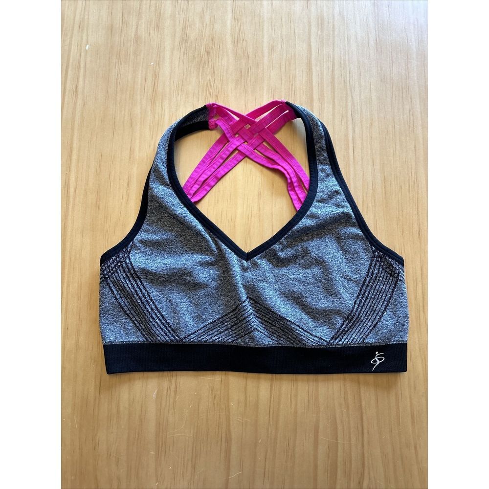 Sports Bra Top by 0 to 5 Silver Gray Black Crossback Pink Straps Sz L